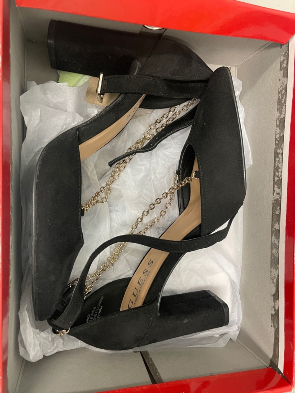 Guess Black Suede Pointed Toe Block Heels with Chain Ankle Detail